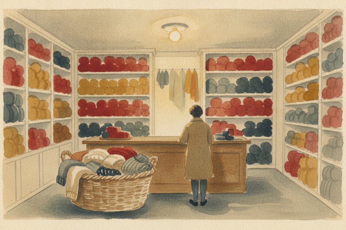 Illustration: a small wool shop in the 1960s, shelves stacked with skeins of brightly colored knitting yarn, a basket of finished jumpers on the counter, a customer seen from behind at a distance, warm shop light