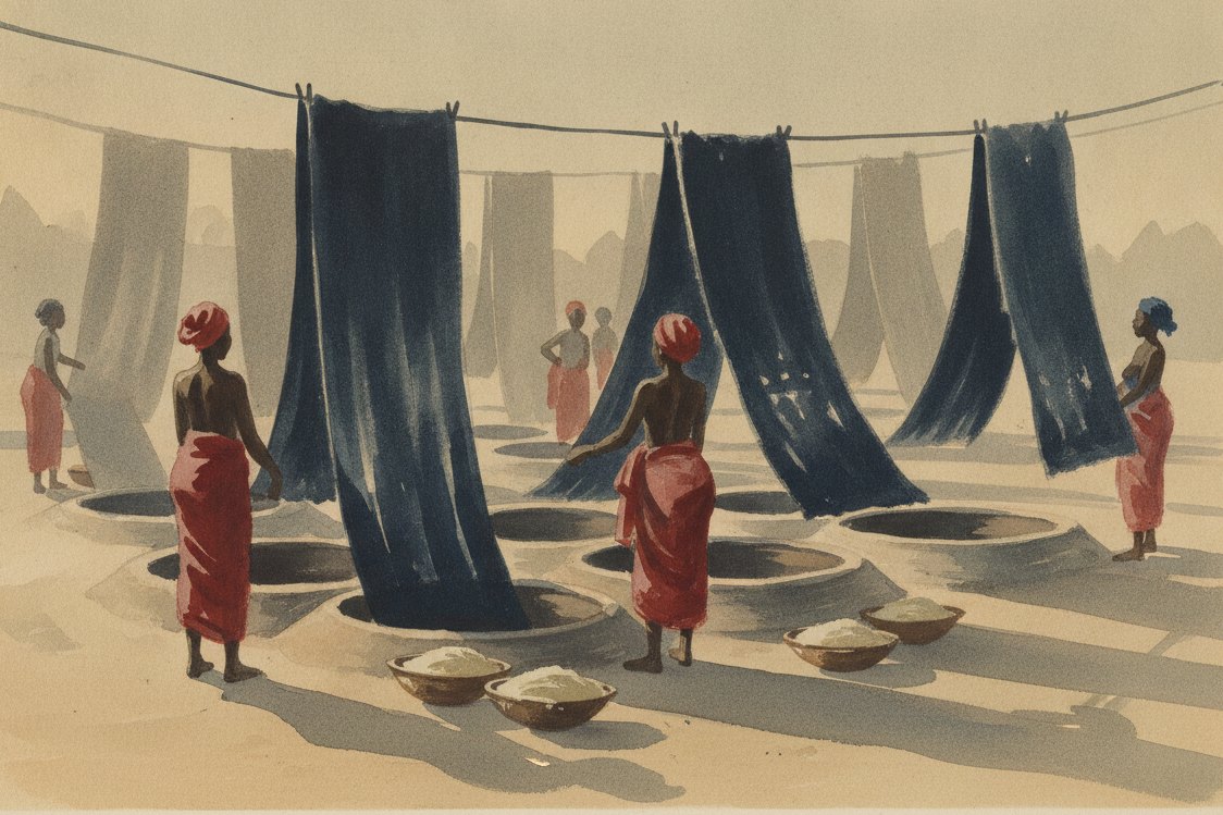 Illustration: a dye yard in Abeokuta at the end of the day, Yoruba women seen from behind lifting indigo-dyed cloth from sunken clay dye pits, lengths of deep blue cloth hung to dry on lines overhead, calabash bowls of cassava-paste resist at their feet, warm late-afternoon light