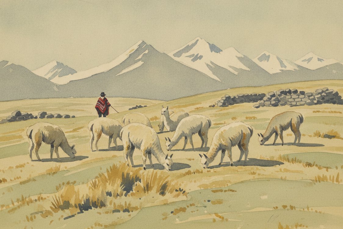 Illustration: a herd of alpacas grazing on a high Andean grassland in Peru, a herder in a woven poncho as a small distant figure, low stone corrals and snow peaks beyond, thin clear mountain light