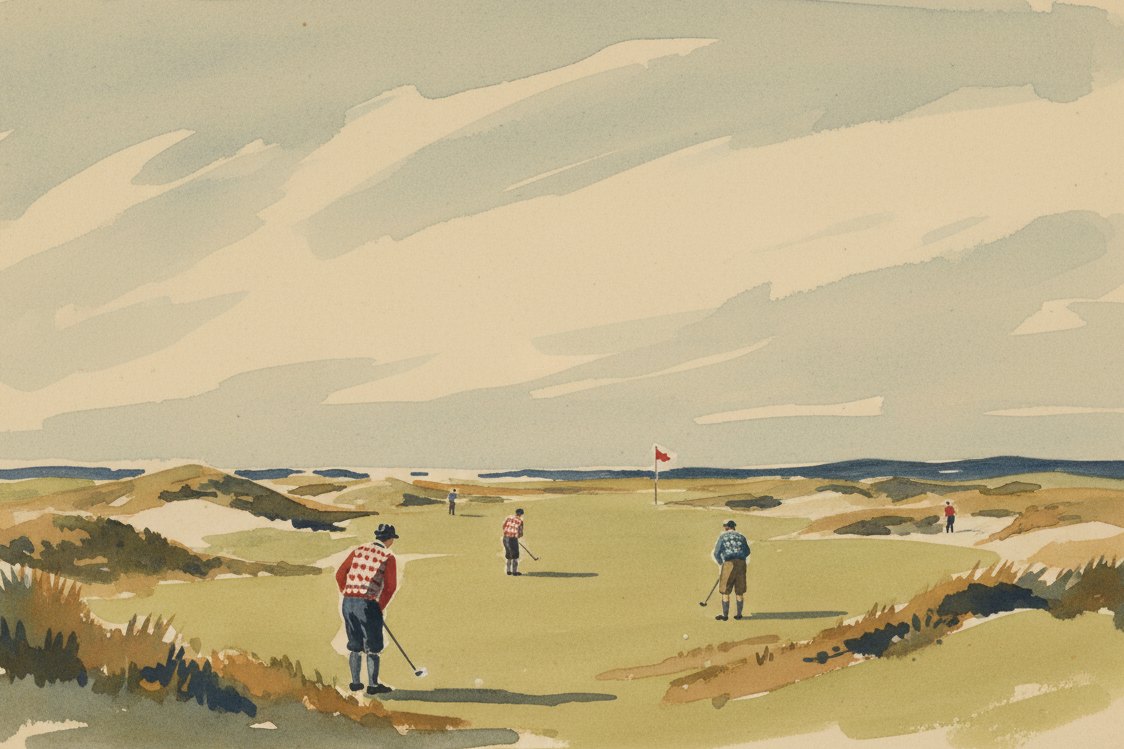 Illustration: a Scottish golf links in the 1920s, golfers at a distance in patterned sweaters and plus fours, dunes, a distant flag, big sky