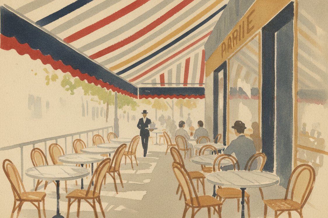 Illustration: a Parisian cafe terrace under broad striped awnings, marble tables and bentwood chairs, a waiter at a distance with a tray, dappled summer light