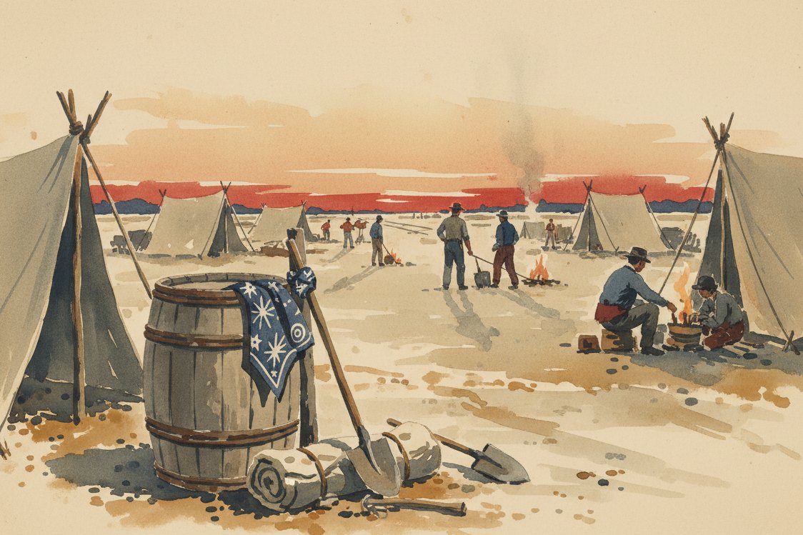 Illustration: an American railroad work camp in the 1880s, a printed indigo kerchief with white motifs tied to a post by a water barrel, tools and a bedroll, evening light