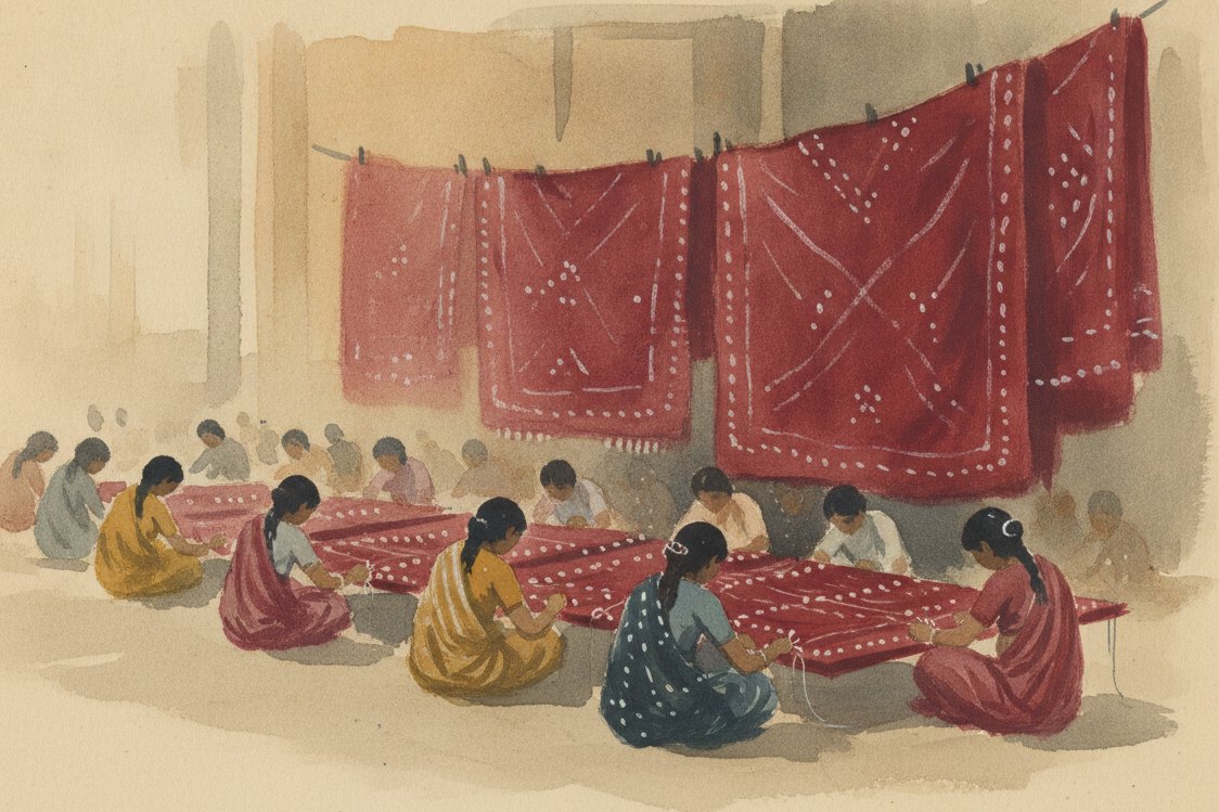 Illustration: a bandhani workshop in Gujarat, India, women at a distance plucking and tying thousands of tiny knots into stretched cloth with fingernail and thread, finished crimson tie-dyed saris hung behind, warm shaded light