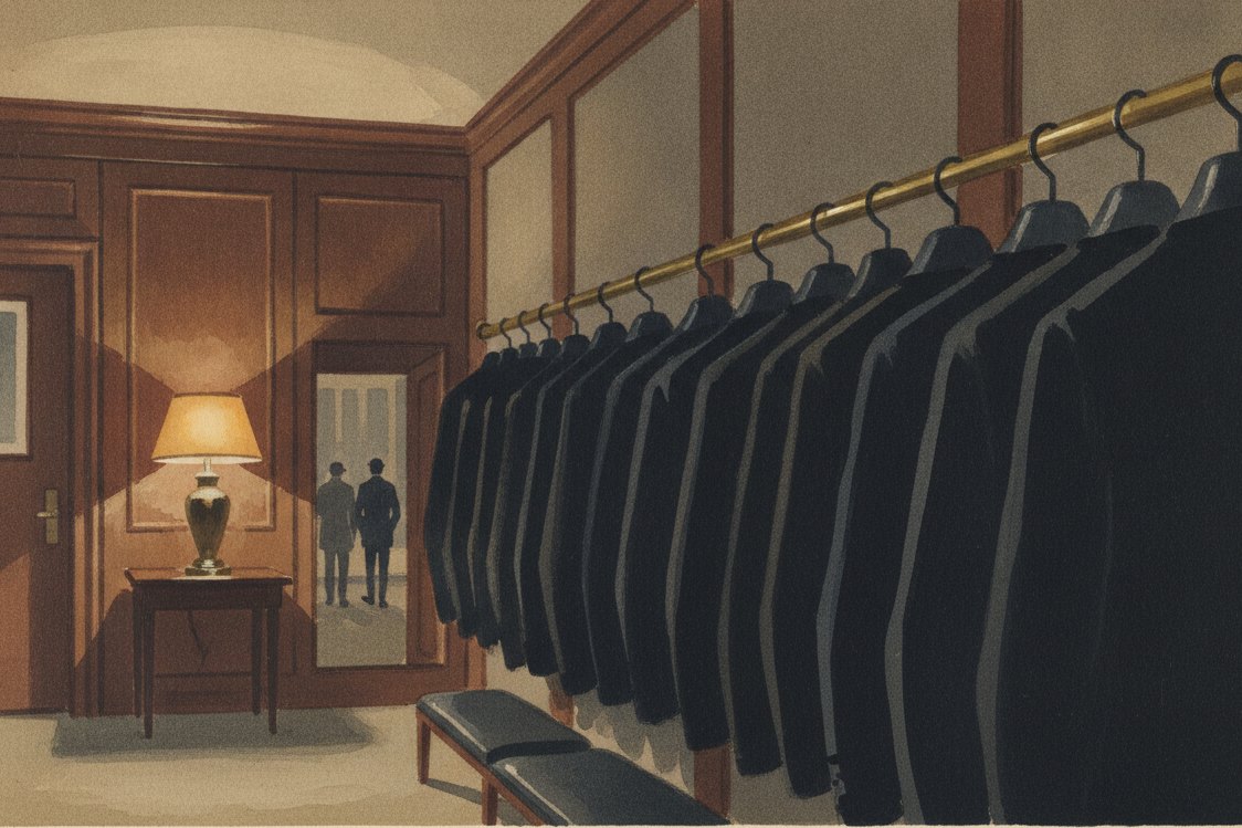 Illustration: a gentlemens club cloakroom at night, black dinner jackets on a rail, a brass lamp, dark panelled walls