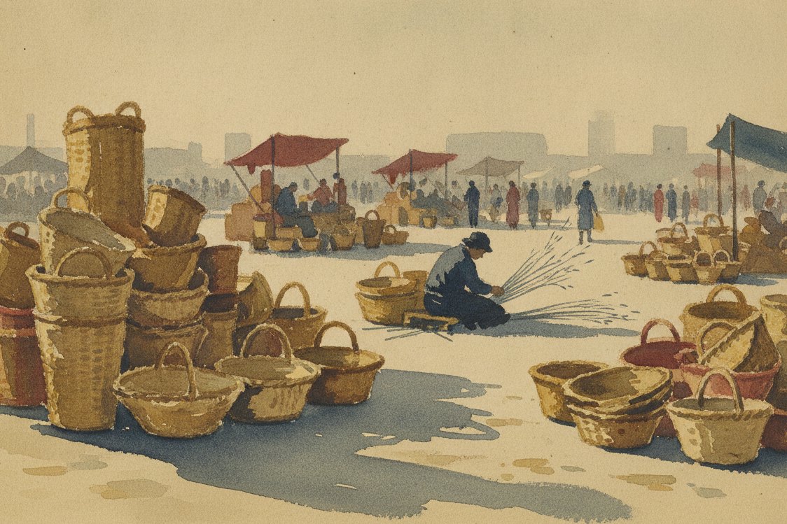 Illustration: a market square of basket makers, stacked woven panniers and hampers, a weaver at a distance bending willow, morning shade