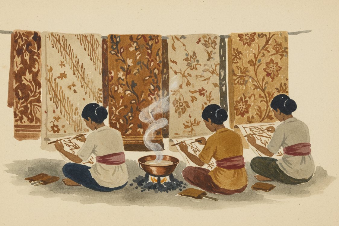 Illustration: a Javanese batik workshop, women seen from behind drawing wax onto cloth with spouted canting pens, a copper wax pot over coals, finished brown and gold cloths hanging behind