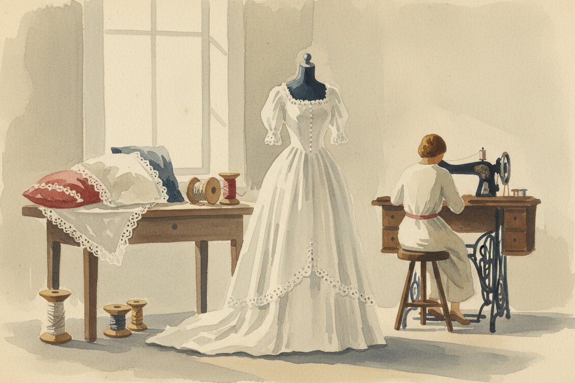 Illustration: an heirloom sewing room, a white gown with fine pintucks on a dress form, lace pillows and spools, soft window light