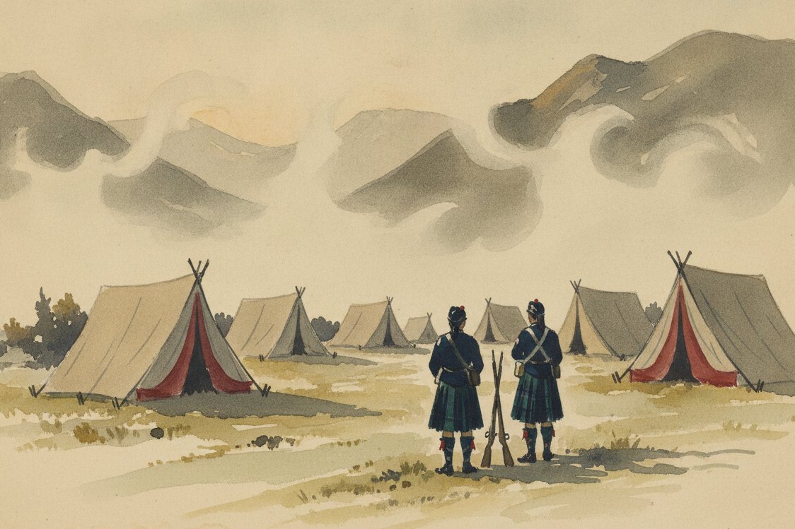 Illustration: a Highland military encampment at dawn in the 1740s, canvas tents in a misty glen, two kilted soldiers in dark tartan seen from behind at a distance, muskets stacked, mountains dissolving in mist