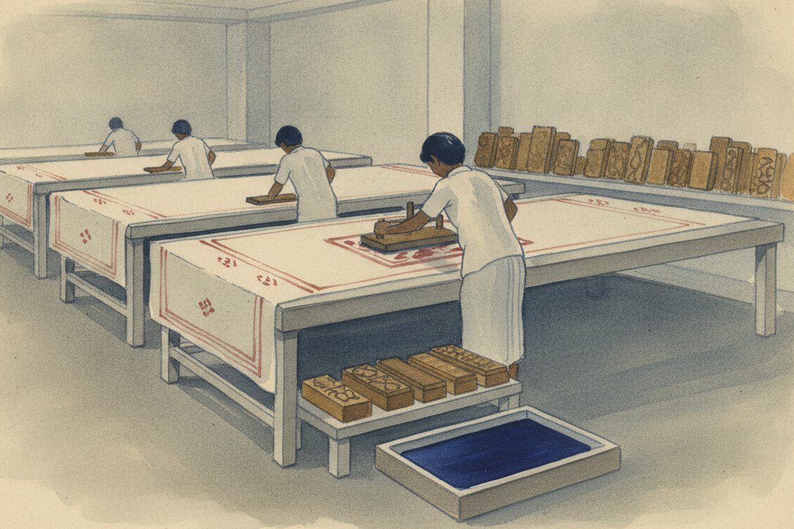 Illustration: a hand block-printing workshop in Bagru, Rajasthan, long tables of cream cotton being stamped with carved wooden blocks, rows of carved blocks and a dye tray, a printer seen from behind mid-stamp, indigo light