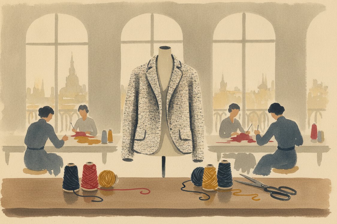 Illustration: a Paris couture workroom, a collarless nubbled tweed jacket on a dress form, spools of looped yarn and shears on the table, tall windows