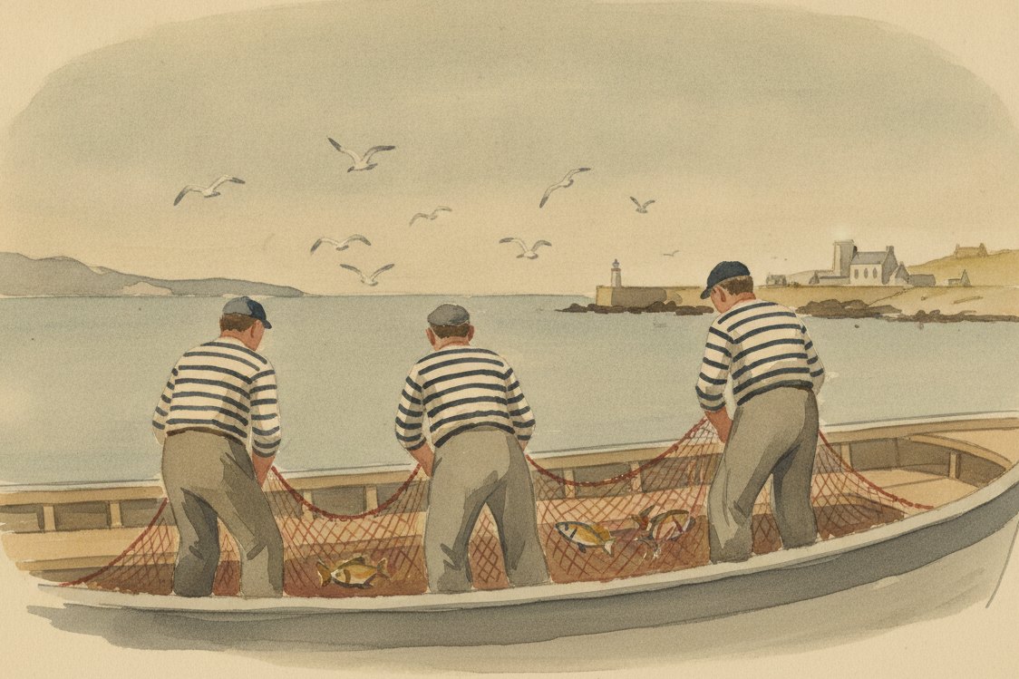 Illustration: a Brittany fishing harbor, fishermen seen from behind in striped knit shirts hauling a net over a boat rail, gulls and grey-blue sea