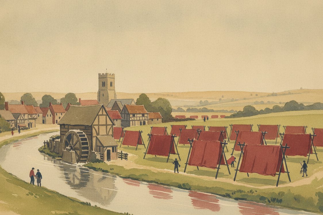 Illustration: a medieval English wool town by a river, a watermill driving fulling hammers, bolts of madder red cloth stretched on tenter frames in a green field, church tower beyond