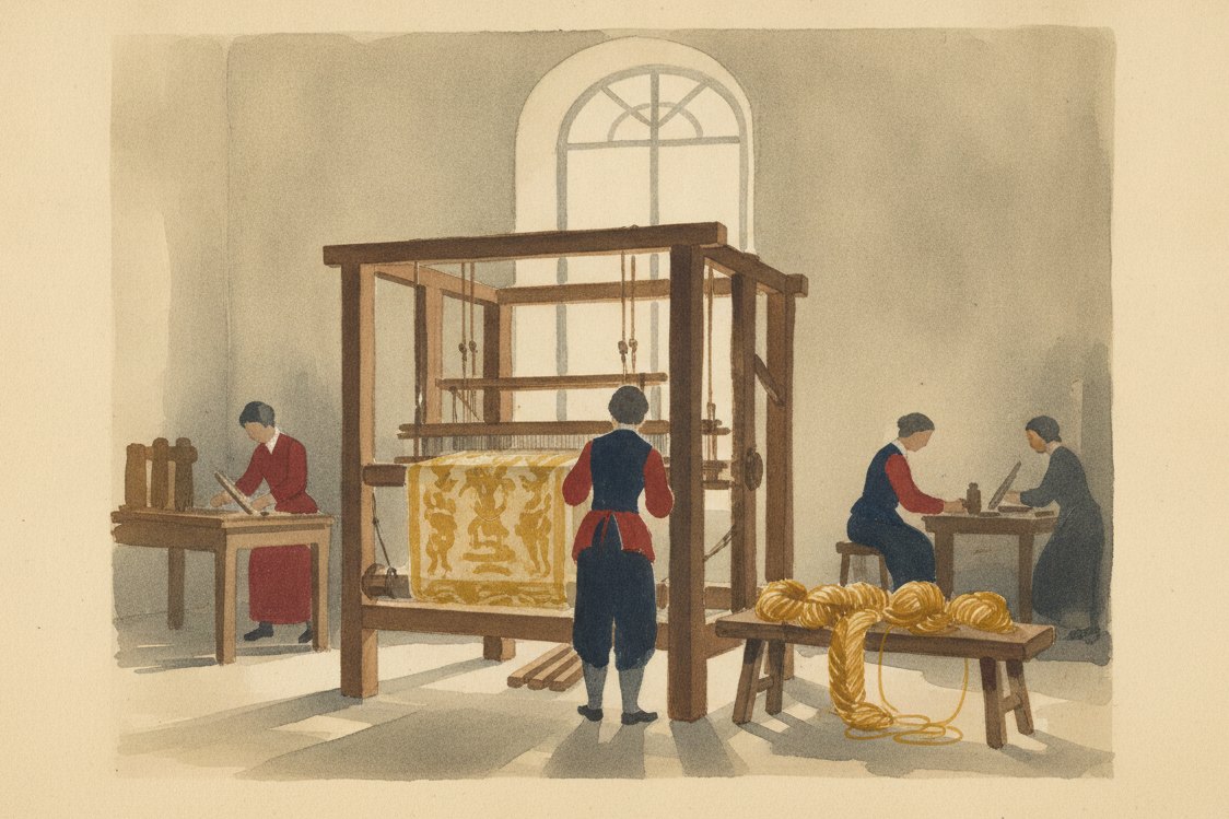 Illustration: a Lyon silk weaving workshop in the 1700s, a tall drawloom with a half-woven length of gold-figured cloth, skeins of gold thread on a bench, a high window