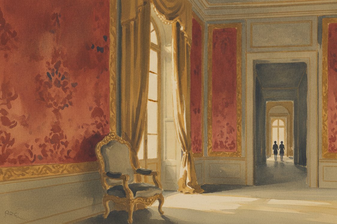 Illustration: a grand Italian palazzo salon, tall walls hung with heavy figured silk in deep colors catching gilded light, a draped window and carved chair, no people, late-afternoon glow
