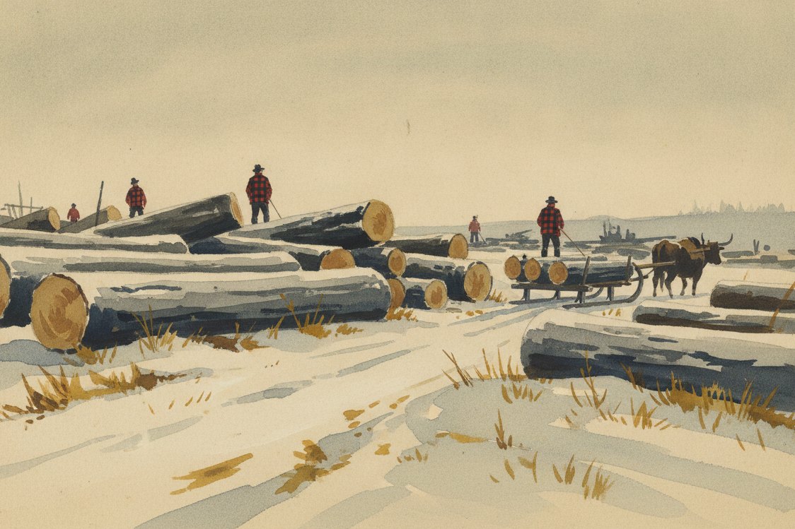 Illustration: a North American logging camp around 1900, men at a distance in heavy red and black checked wool coats among felled timber, ox team and sledge, cold morning light