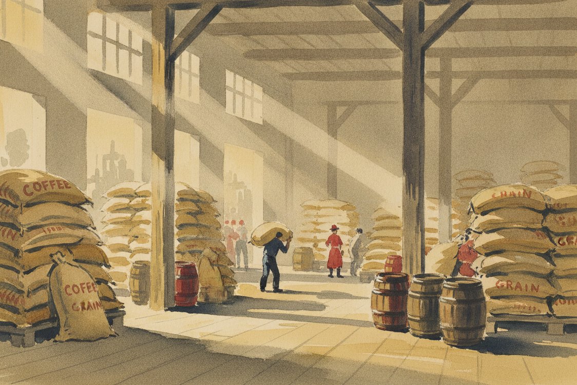 Illustration: a dockside warehouse, stacked jute sacks of coffee and grain, a porter at a distance with a sack on his shoulder, shafts of dusty light
