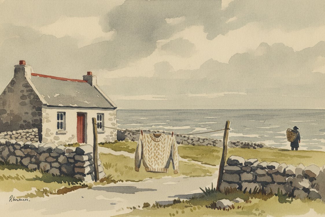 Illustration: a stone cottage on the windswept Aran Islands off the west of Ireland, a cream cable-knit fishermans sweater drying on a line against dry-stone walls and a grey Atlantic, a figure at a distance carrying a creel