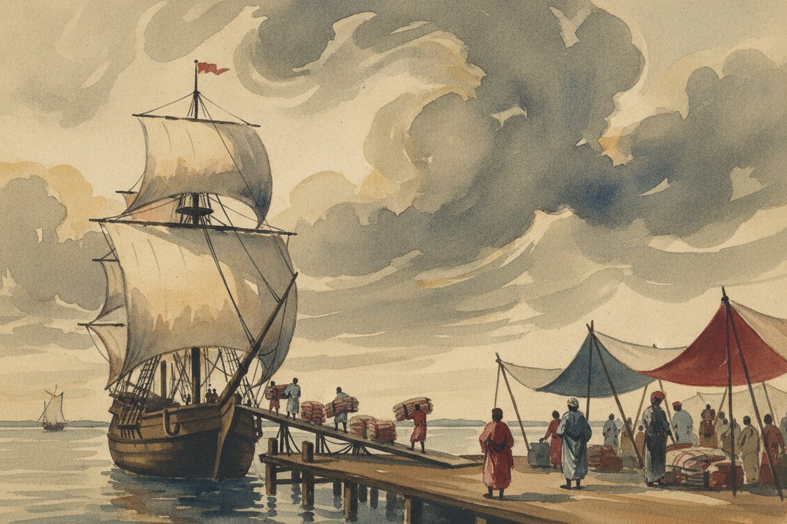 Illustration: the port of Calicut on the Malabar coast in the 17th century, bales of printed cotton being carried up the gangplank of a tall sailing ship, merchants under cloth awnings, monsoon clouds