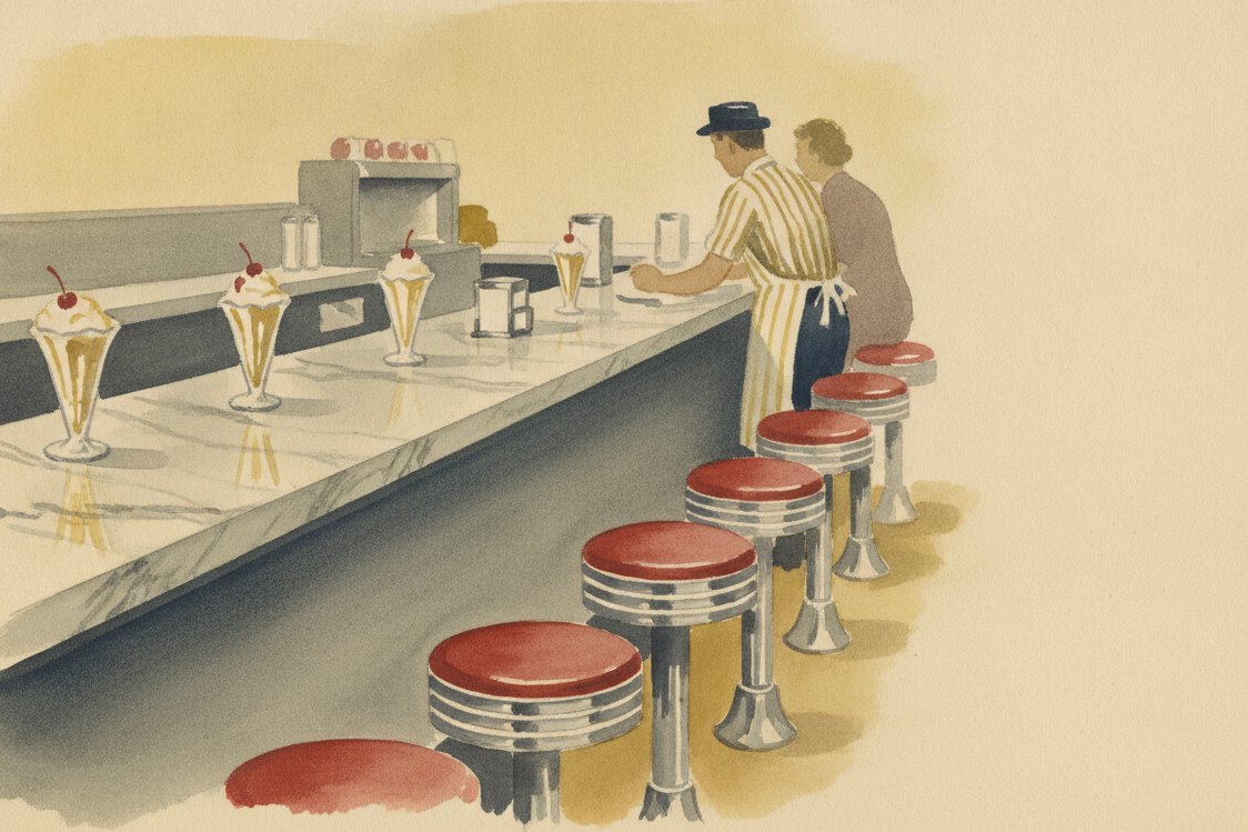 Illustration: an American soda fountain in the 1950s, chrome stools and a marble counter, a server at a distance in a striped apron, sundae glasses