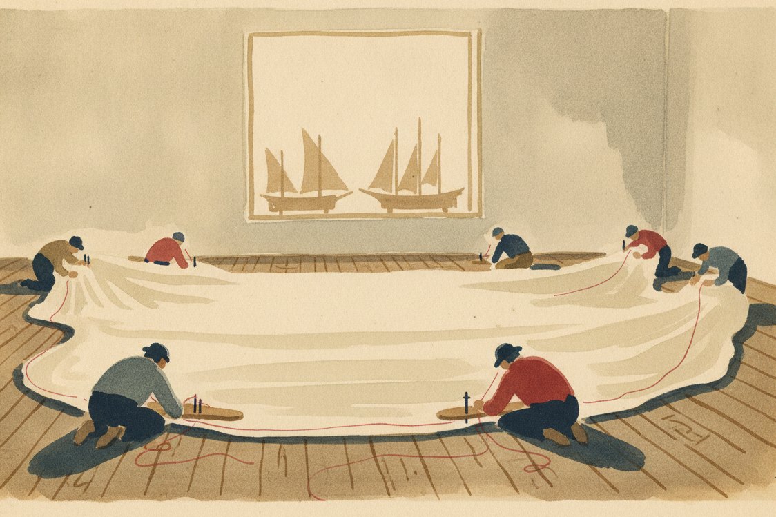 Illustration: a sailmaker's loft, a vast white sail spread across the wooden floor, sailmakers seen from behind stitching with palm and needle, ship models on the sill