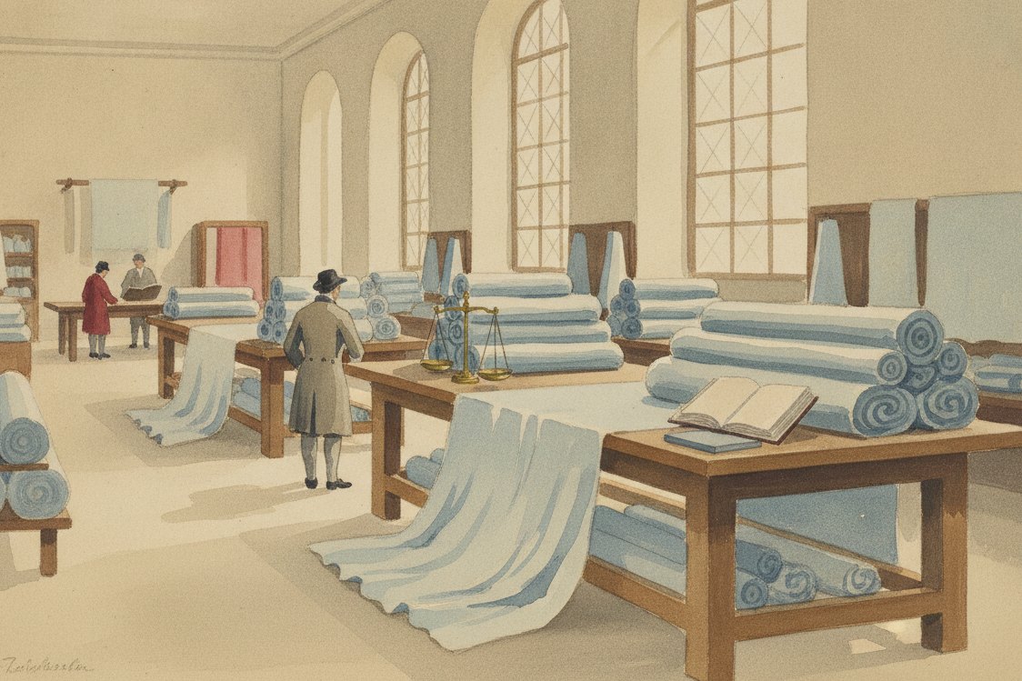 Illustration: a cloth merchant's hall in the French town of Cambrai in the 18th century, tall windows, bolts of pale blue cloth on long oak tables, a ledger and scales