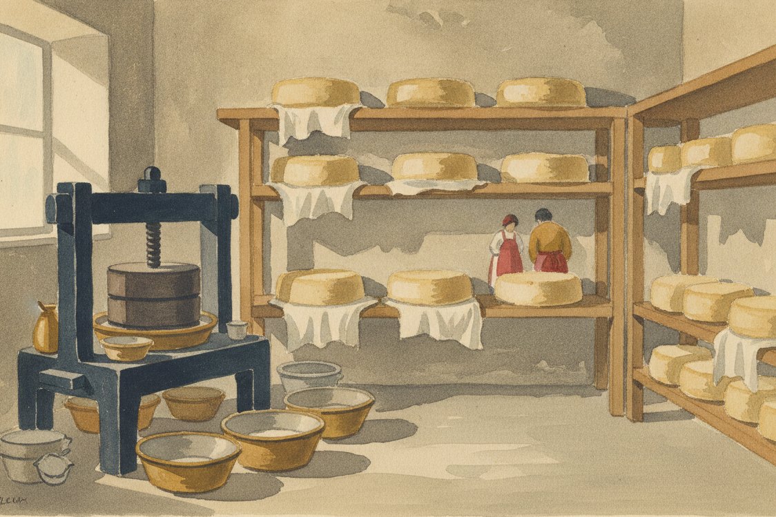 Illustration: a farmhouse dairy, rounds of cheese wrapped in loose cloth aging on wooden shelves, a press and pans, cool north light