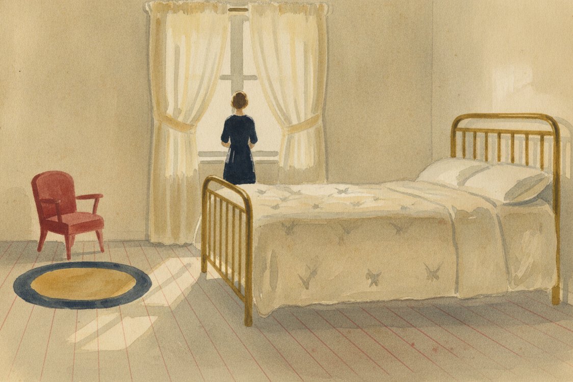 Illustration: a 1930s American home interior, a fuzzy tufted bedspread on a brass bed, a window with sheer curtains, soft afternoon light