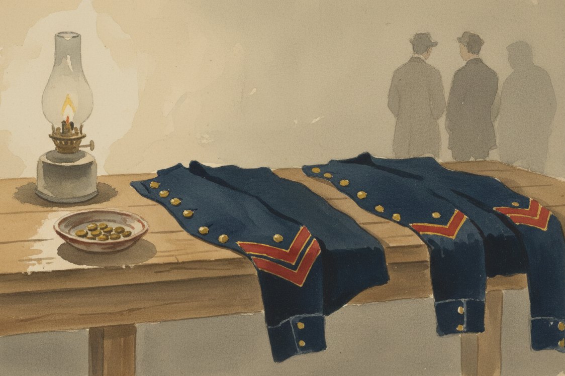 Illustration: a regimental tailor's bench, uniform sleeves laid out awaiting rank chevrons, brass buttons in a dish, oil lamp