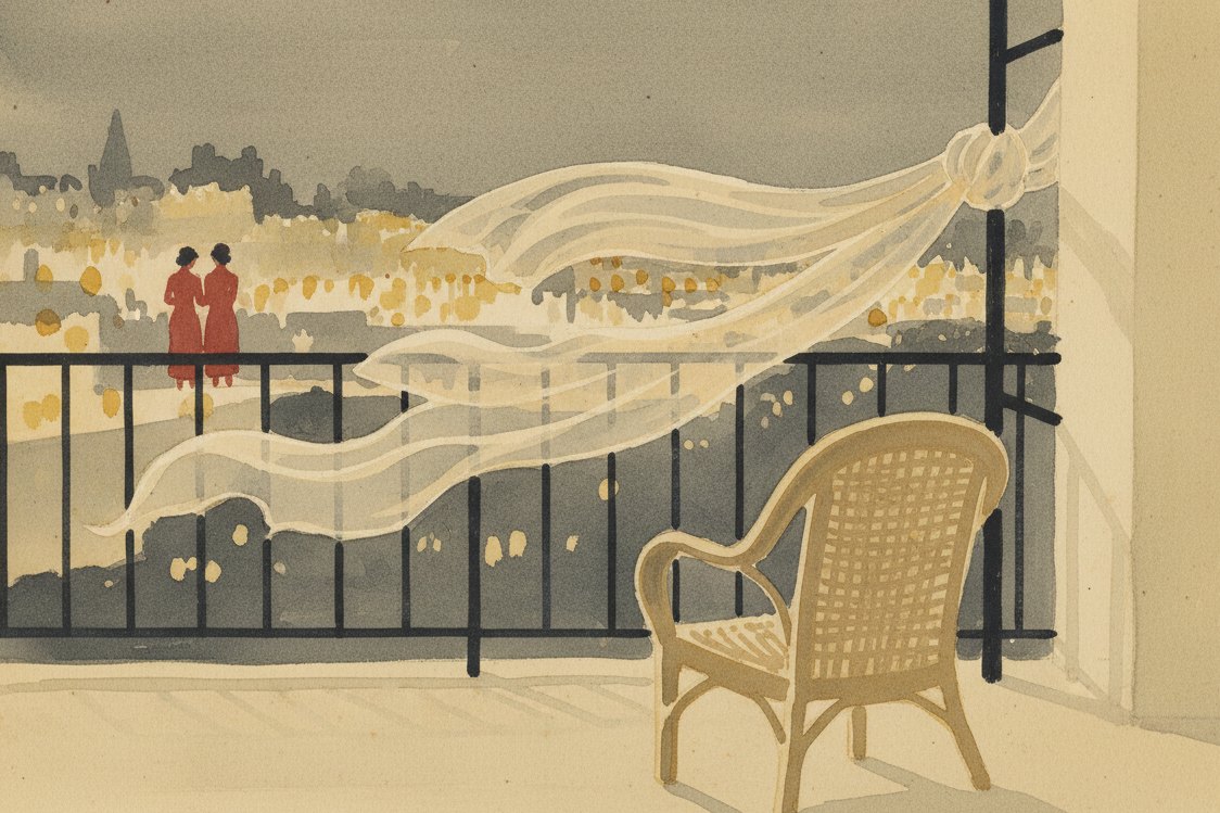 Illustration: a 1930s terrace at dusk, a sheer scarf caught in the wind on a railing, city lights soft beyond, an empty chair