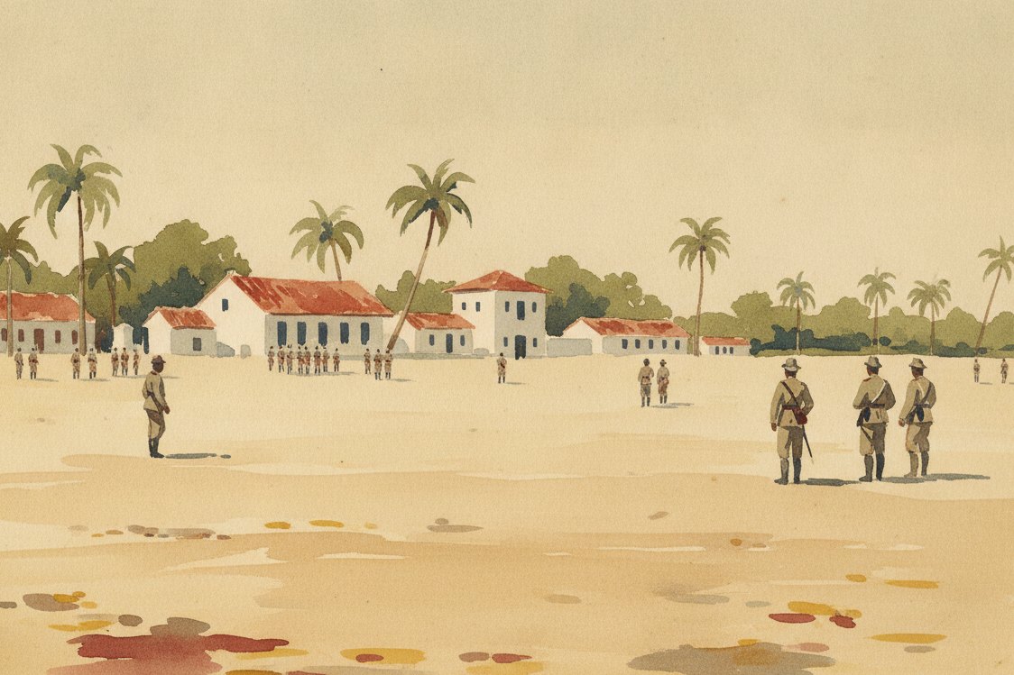 Illustration: a tropical colonial parade ground around 1900, soldiers at a distance in dust-colored cotton uniforms, white buildings and palms, harsh noon light