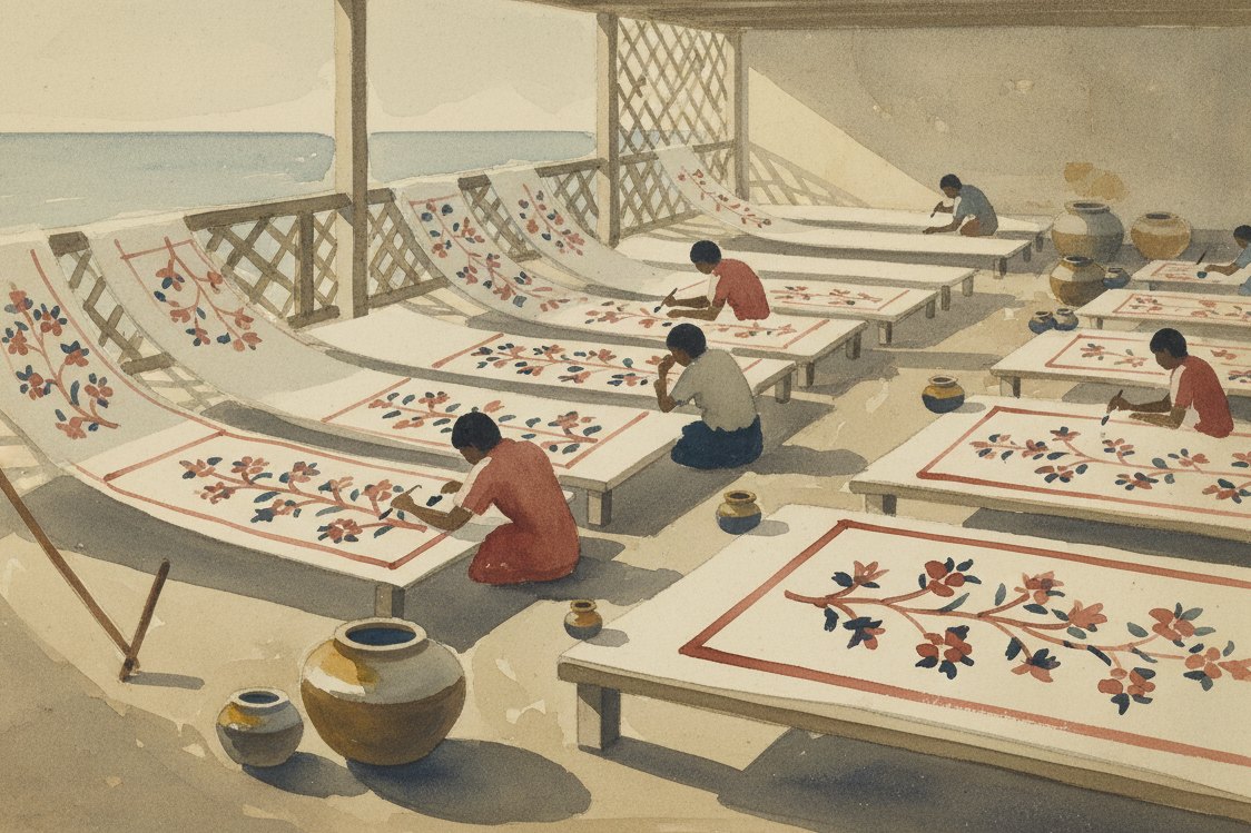 Illustration: a cloth painters' workshop on the Coromandel coast of India in the 1600s, lengths of white cotton pinned flat while artists at a distance paint flowering branches, dye pots and brushes, sea light through open walls