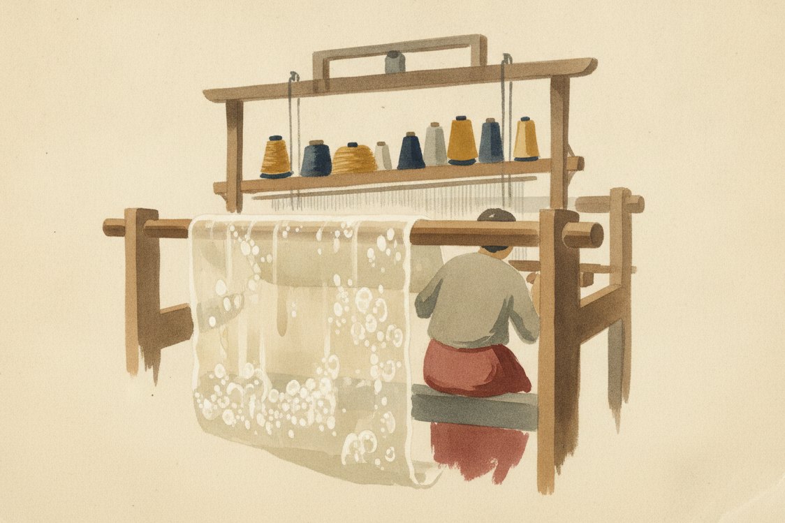 Illustration: a French silk weaving workshop in the early 1900s, a length of pale blistered silk catching raking light on the loom beam, spools and a jacquard head above, a weaver seen from behind