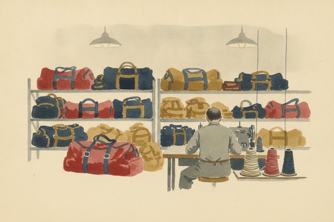 Illustration: a gear workshop, heavy-duty packs and duffel bags in tough nylon stacked on industrial steel shelving, a worker at a distance at a heavy sewing machine, spools of thick thread, plain utilitarian light