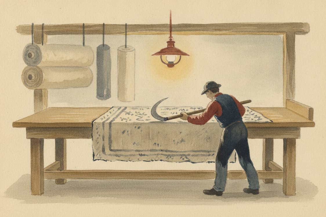 Illustration: a Manchester fustian cutter's workroom in the 19th century, a long table with cloth stretched flat, the cutter seen from behind drawing a long knife down a wale, gaslight and hanging bolts