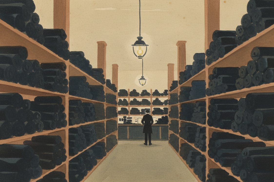 Illustration: a Victorian mourning warehouse interior, bolts of matte black cloth on tall shelves, a clerk at a distance in black, gas lamps, hushed light