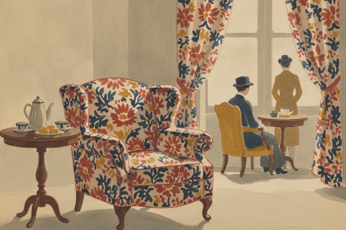 Illustration: an Edwardian parlor, a deep armchair in large floral printed cotton, curtains to match, a tea table, filtered light