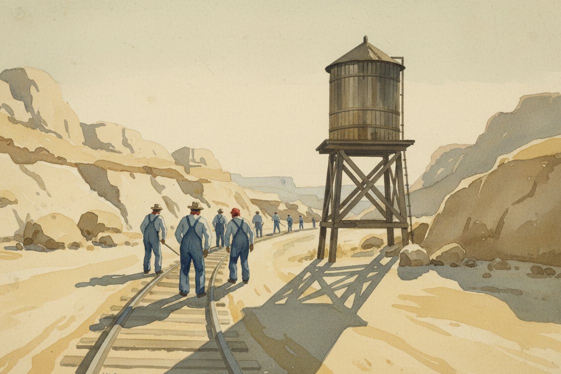 Illustration: American railroad workers in the 1880s seen at a distance laying track in a desert cut, faded indigo overalls and jackets, wooden water tower, long shadows