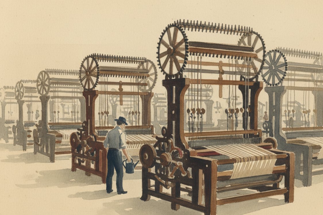 Illustration: a Victorian weaving shed, looms fitted with dobby heads and chains of pegged lags above, a mechanic at a distance with an oil can
