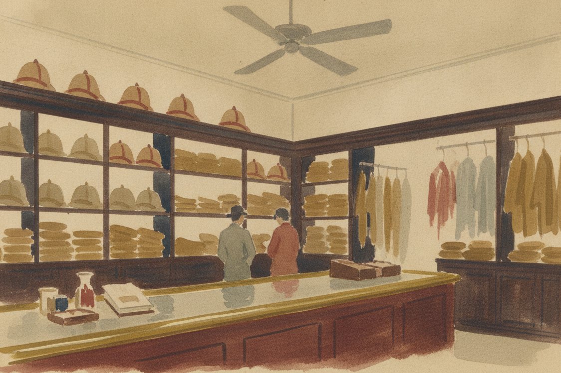 Illustration: a colonial outfitters shop around 1900, pith helmets and folded khaki cloth on dark shelves, a ceiling fan, a brass-edged counter