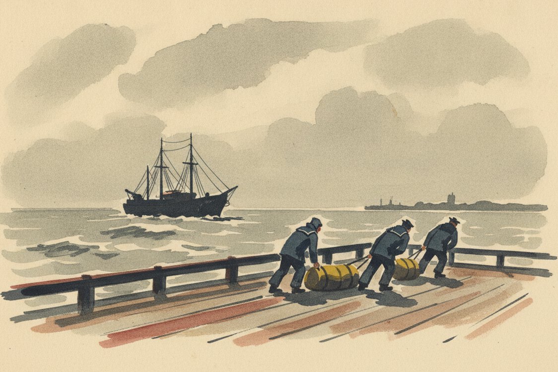 Illustration: a windswept naval quayside in the 1940s, sailors in hooded toggle coats seen from behind hauling a long cylindrical kit bag, a grey sea and the dark hull of a ship beyond, low cloud
