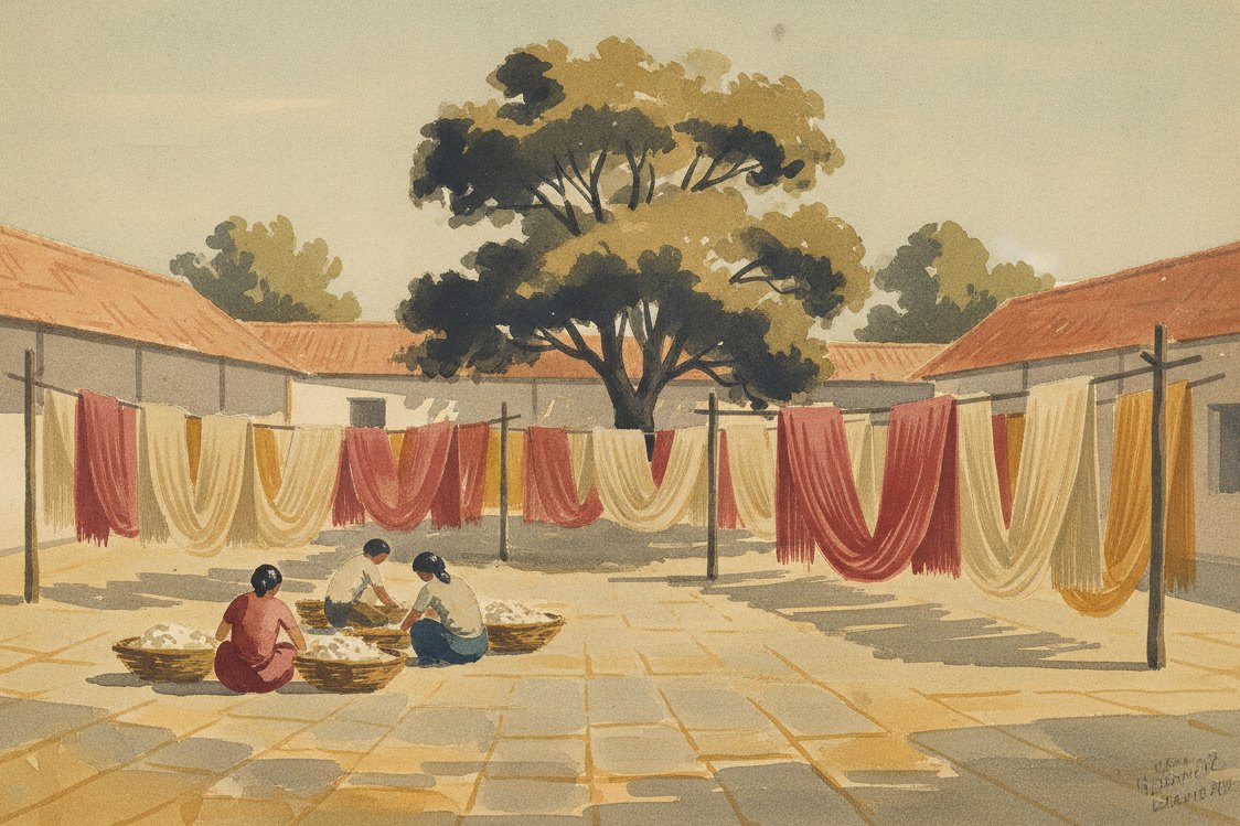 Illustration: an Indian silk-reeling yard, women at a distance unwinding double cocoons into baskets, shot-color skeins drying, bright courtyard