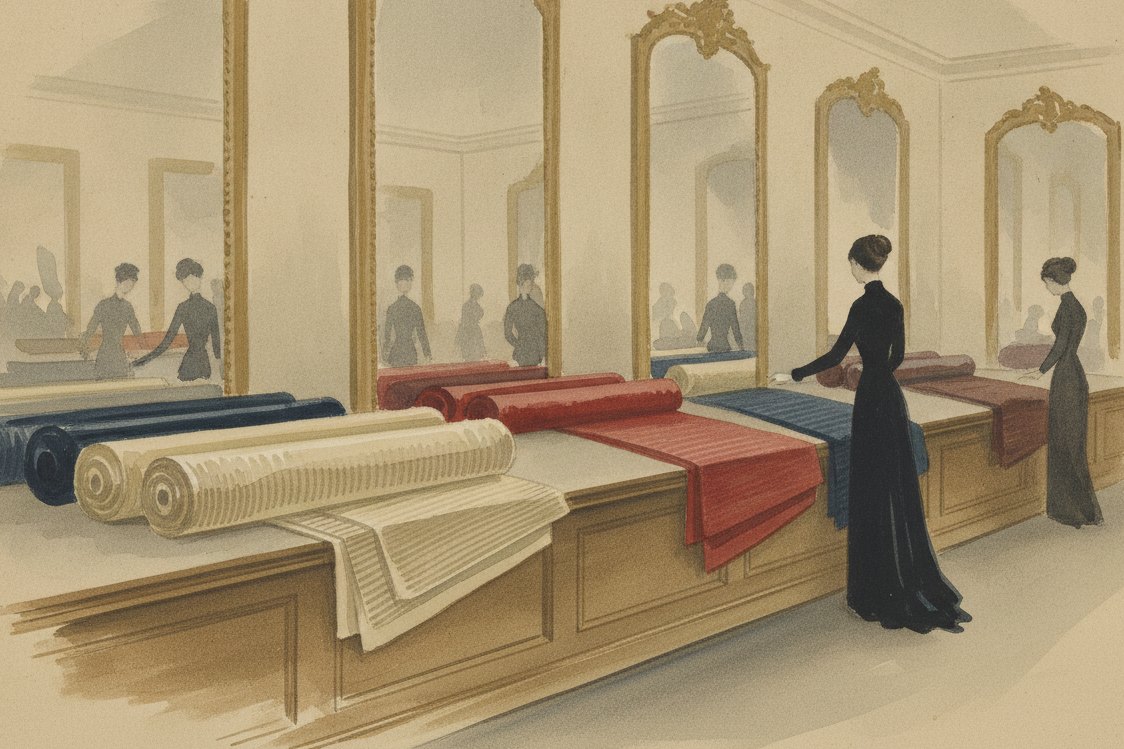 Illustration: a Parisian couture salon in the 1900s, bolts of lustrous ribbed silk on a long counter, a vendeuse at a distance, tall mirrors and gilt