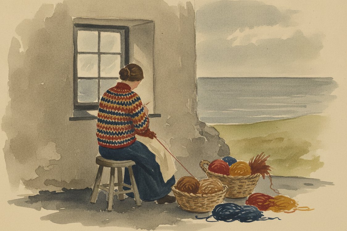 Illustration: a crofters cottage on Fair Isle in Shetland in the early 1900s, a woman seen from behind knitting a banded colorwork jumper by a small deep-set window, baskets of natural brown and dyed wool at her feet, a grey northern sea beyond the glass