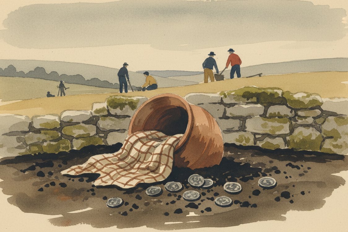 Illustration: an archaeological scene of a Roman era earthenware pot half buried in dark peaty soil with a scrap of ancient undyed brown and cream checked wool at its mouth, coins spilling, a stone wall fragment beyond, third century Britain