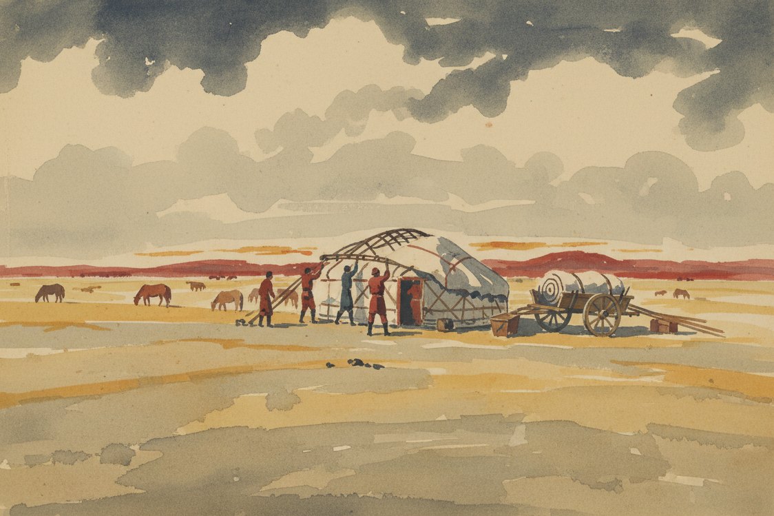 Illustration: Central Asian nomads raising a felt-covered yurt on an open steppe, rolled felt panels on a wooden cart, horses grazing, big sky