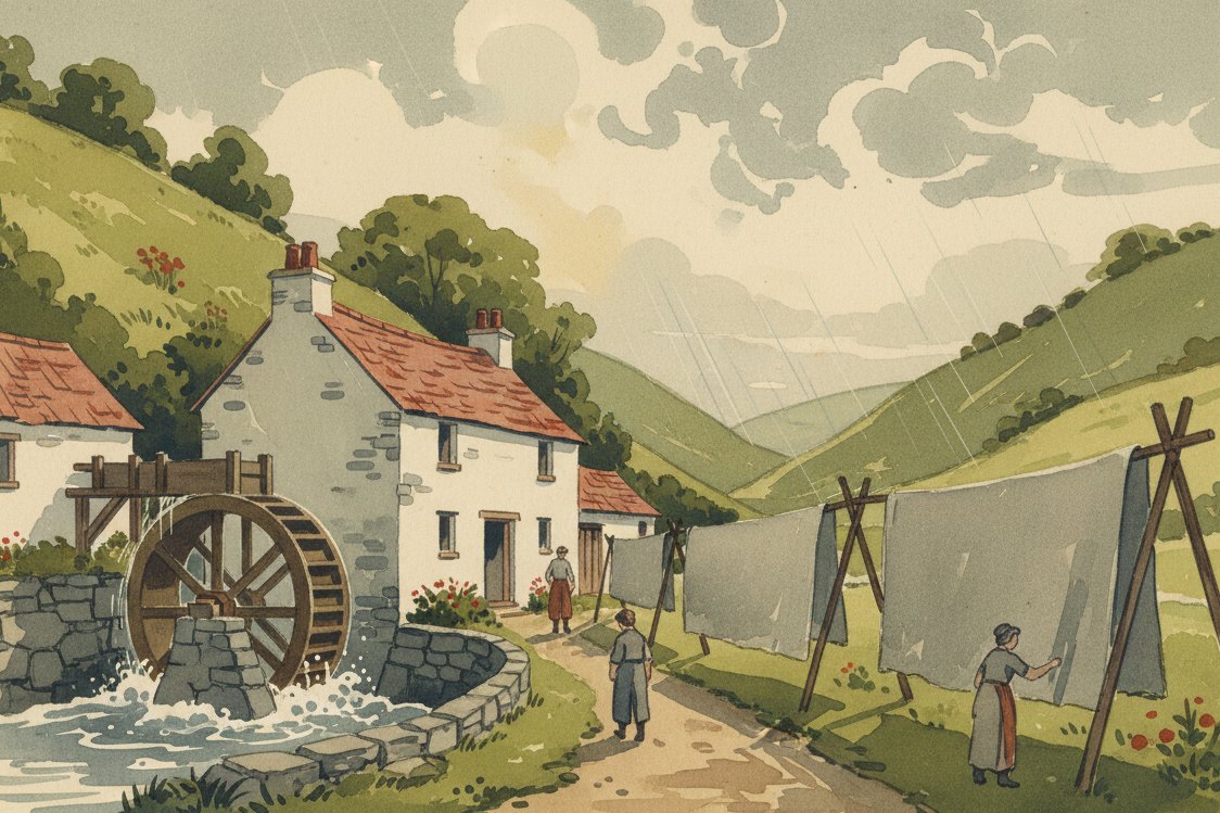 Illustration: a small Welsh woolen mill in a green valley in the 17th century, water wheel turning, soft grey cloth hung on racks outside a whitewashed building, rain clearing