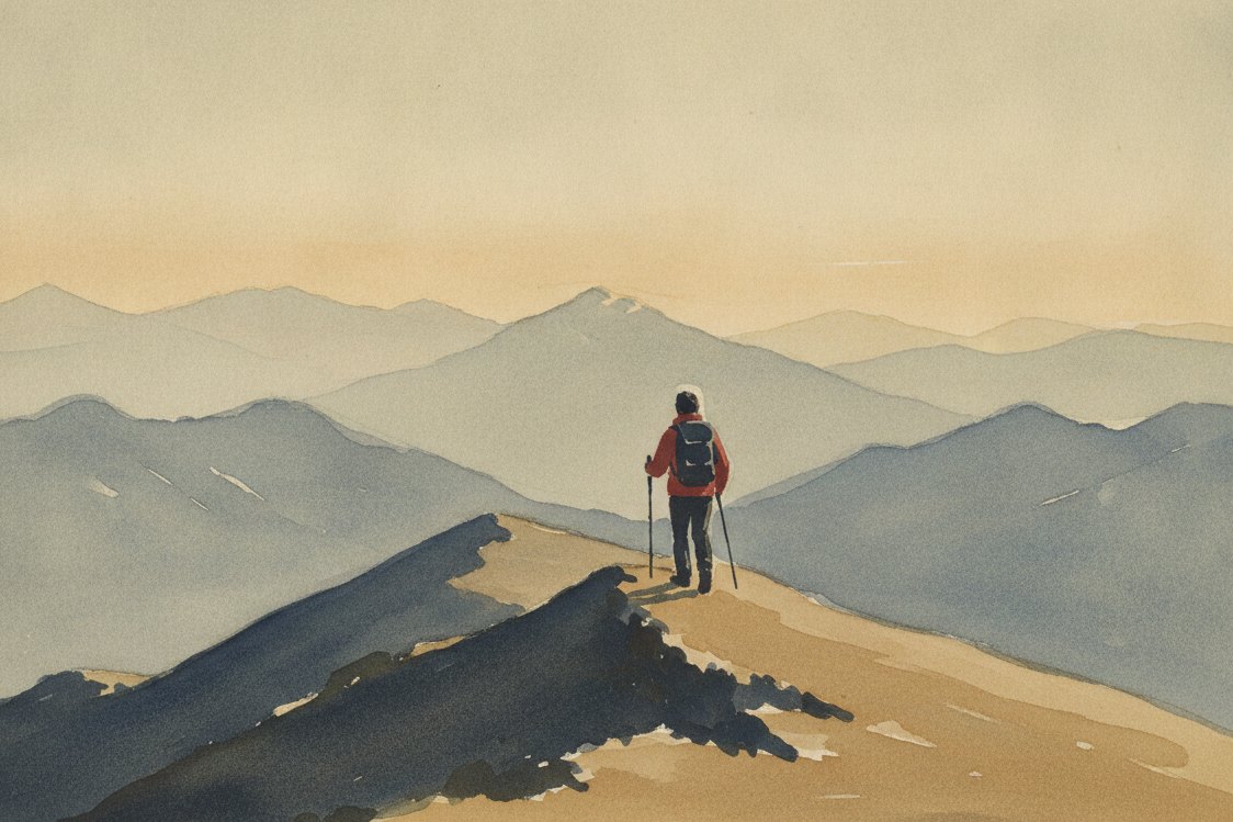 Illustration: a lone hiker in a fleece jacket seen from behind on a windswept mountain ridge at dawn, a backpack and trekking poles, layered blue peaks receding into cold clear light