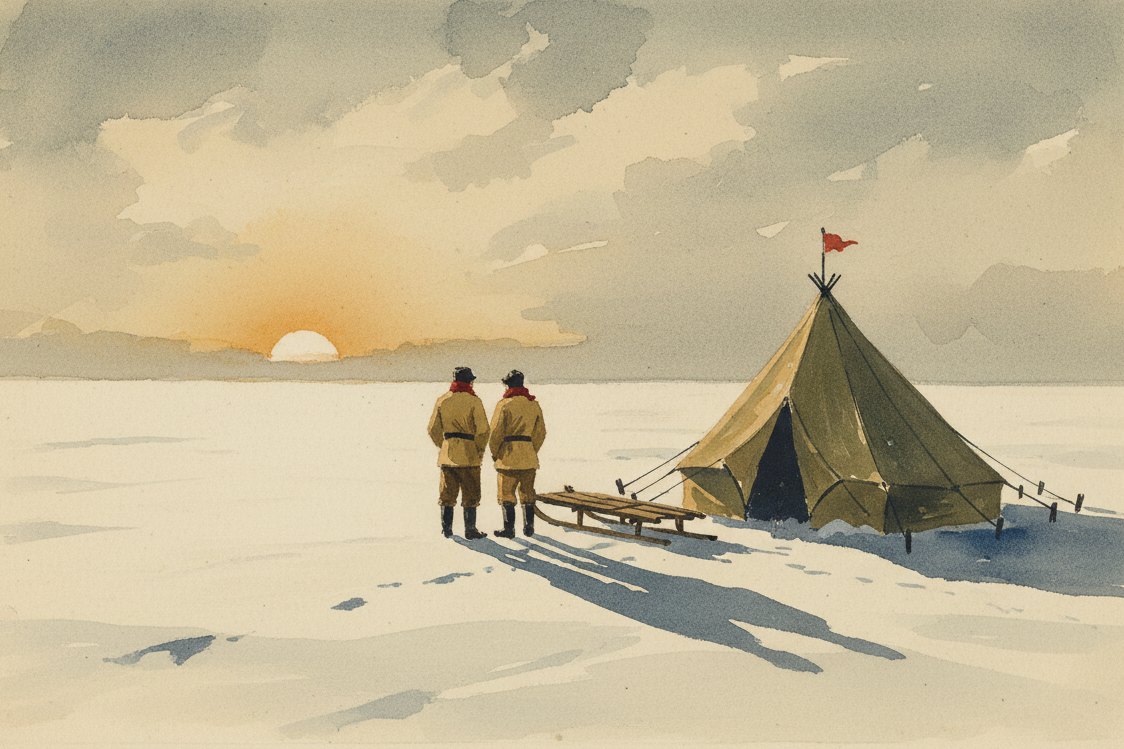 Illustration: a polar expedition camp in the 1920s, two figures at a distance in belted tan gabardine jackets beside a canvas tent and sledge, ice field and low sun