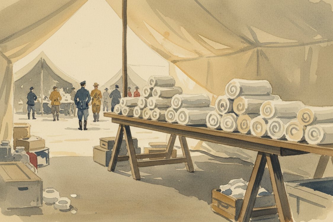 Illustration: a field hospital supply tent in the 1910s, rolled white dressings stacked on a trestle table, canvas walls glowing with daylight, no patients