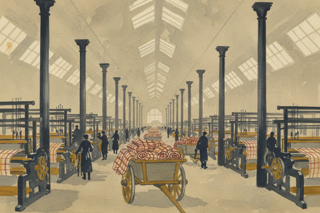 Illustration: the interior of a vast Manchester cotton weaving shed in the 1850s, long rows of power looms under iron columns and skylights, bolts of checked cloth stacked on a wooden cart, workers as small distant silhouettes